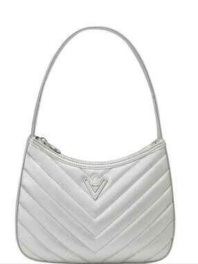 Valentino Orlandi Rowe Silver Quilted Shoulder Bag with Chevron Stitching